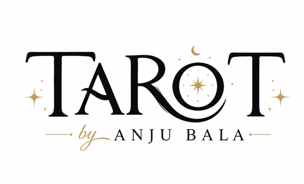 Brand logo reading 'TAROT by ANJU BALA' with black serif letters and gold celestial stars and accents.